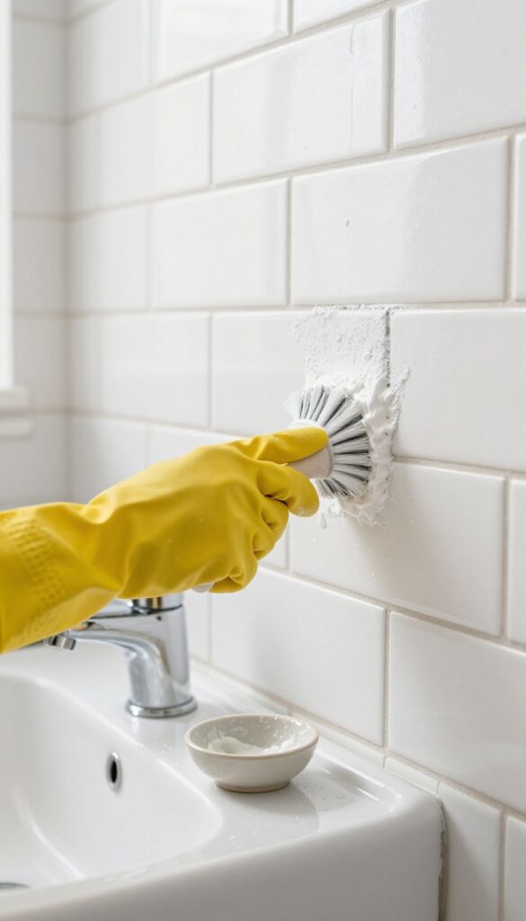 Close-up of scrubbing grout with baking soda paste in a bright bathroom.