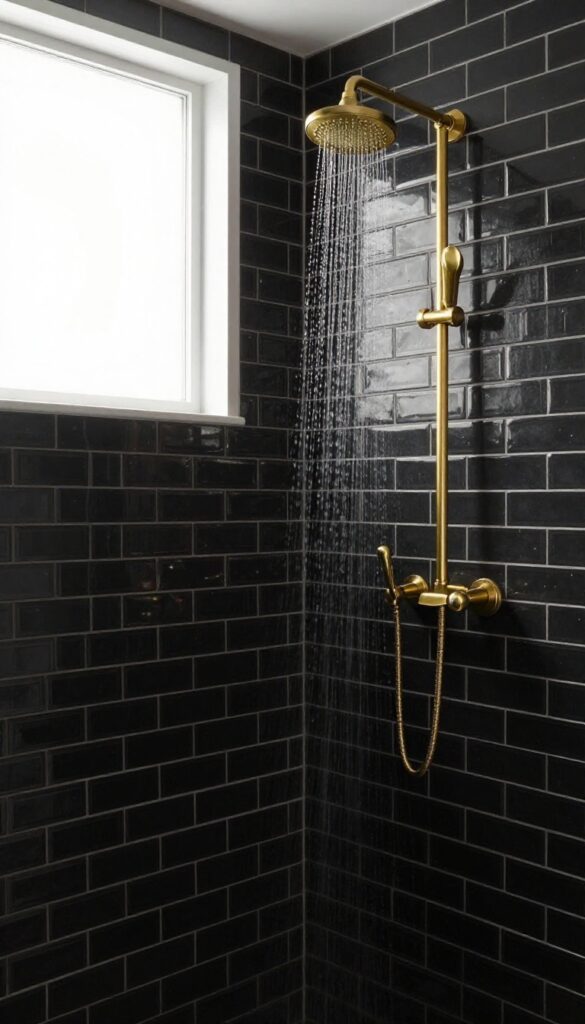 Matte black subway tile shower with white grout and brass fixtures