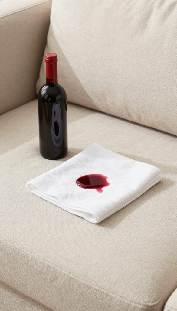 Blotting red wine spill on light couch with club soda