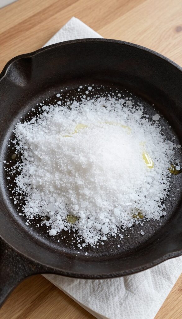 Cast iron skillet with coarse salt and oil for scrubbing stuck-on food