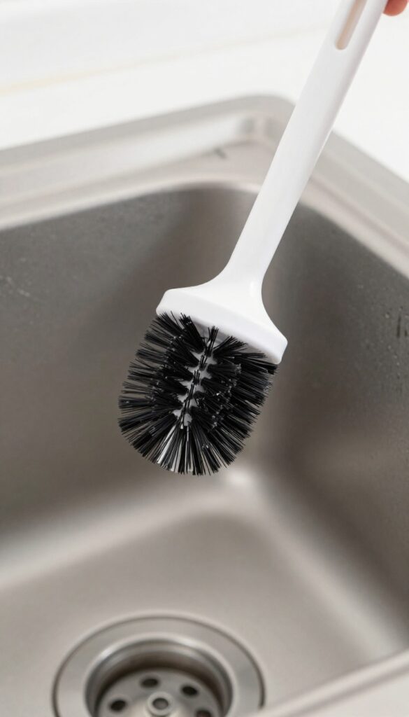 A dedicated disposal cleaner brush scrubbing the rubber splash guard inside a kitchen sink drain.
