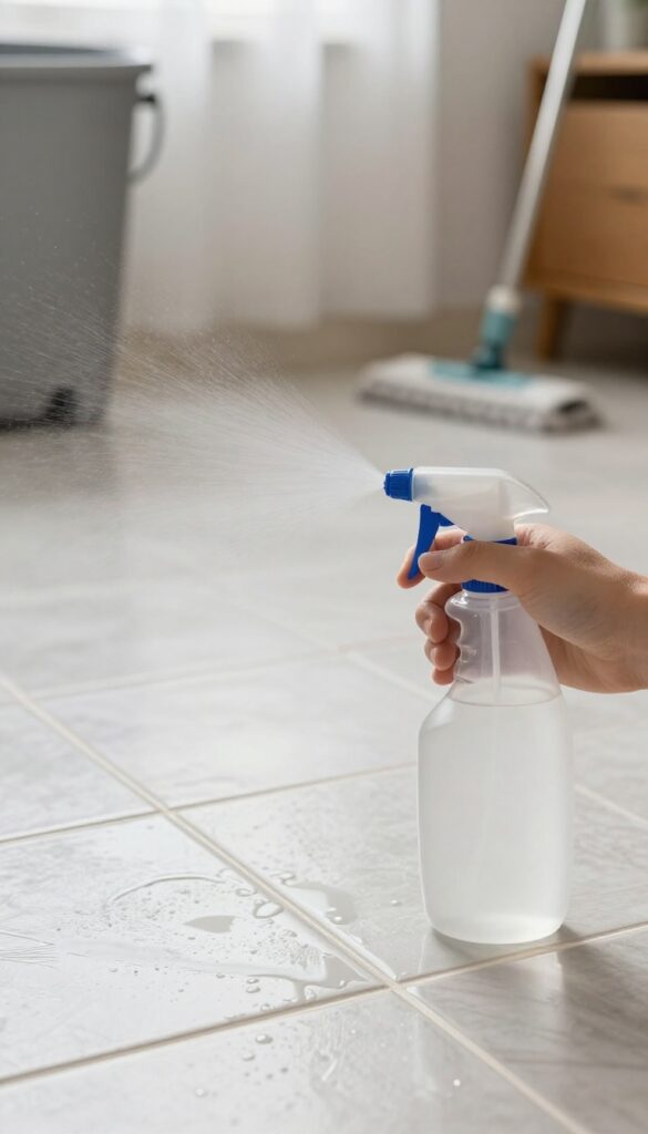 Spraying vinegar and water solution on clean tile grout