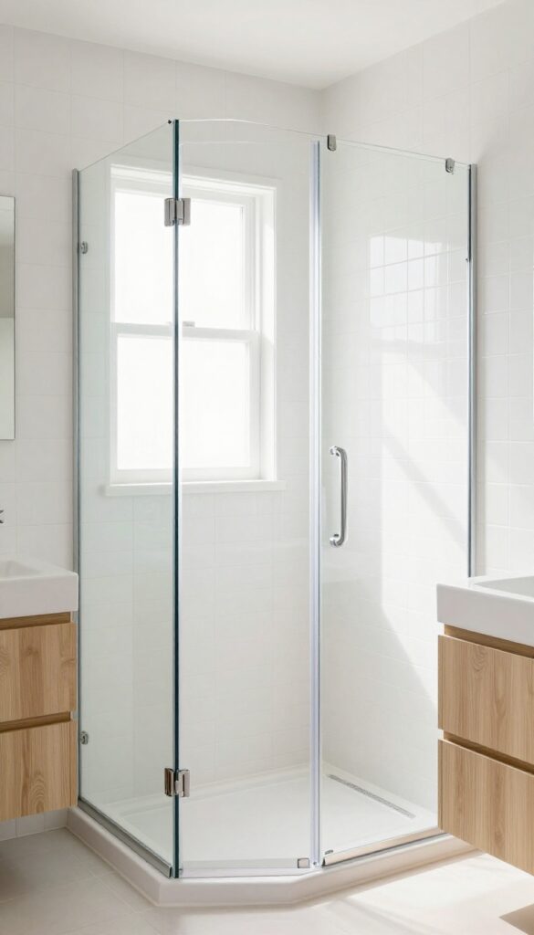 Small bathroom with frameless glass shower enclosure, bright natural light, clean design