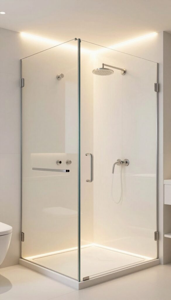 Modern glass shower with LED strip lighting creating an ambient glow, making the bathroom feel larger at night.
