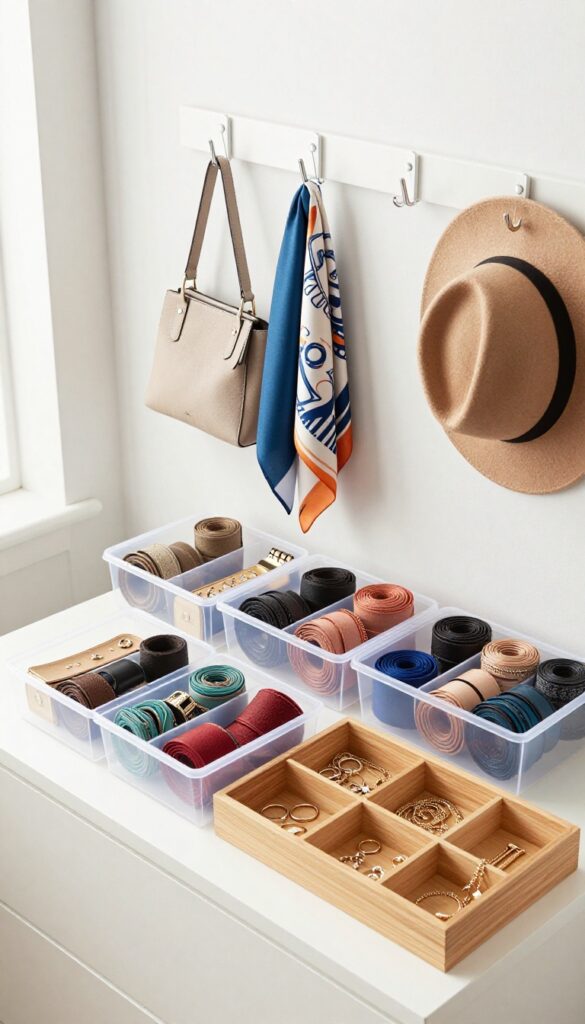 Organized accessories with rolled belts and scarves in clear bins, hats and bags on hooks, and jewelry in drawer organizers.