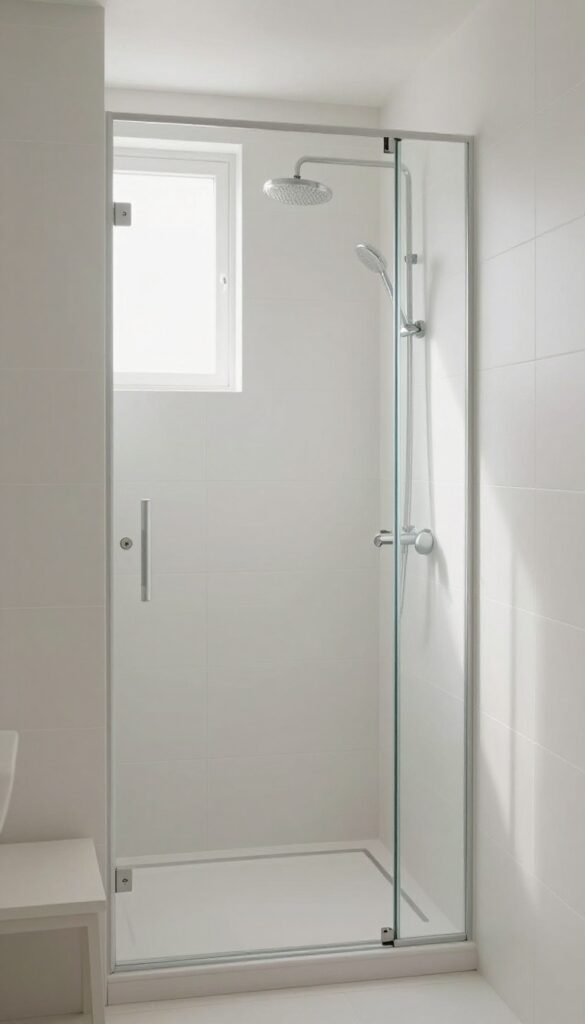 Small bathroom with glass pocket door shower, sliding into wall, bright natural light, minimalist tiles