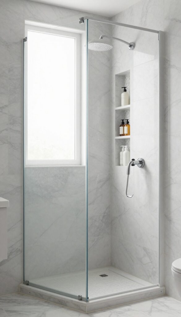 Luxury master bathroom shower with recessed niche storage, marble tile, natural light