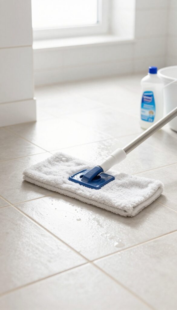 Mopping ceramic tile floor with rinse aid for spotless finish