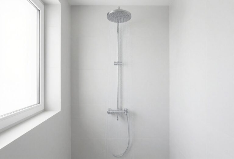 Modern bathroom shower with large white porcelain tiles and rainfall showerhead