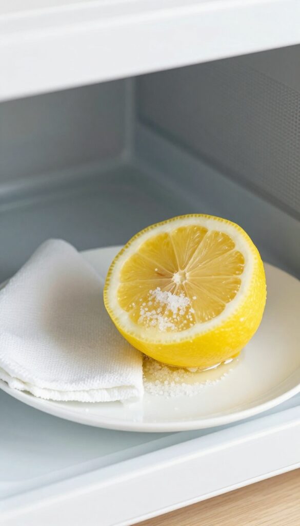 A lemon half dipped in salt scrubbing the interior of a microwave, with a damp cloth nearby.