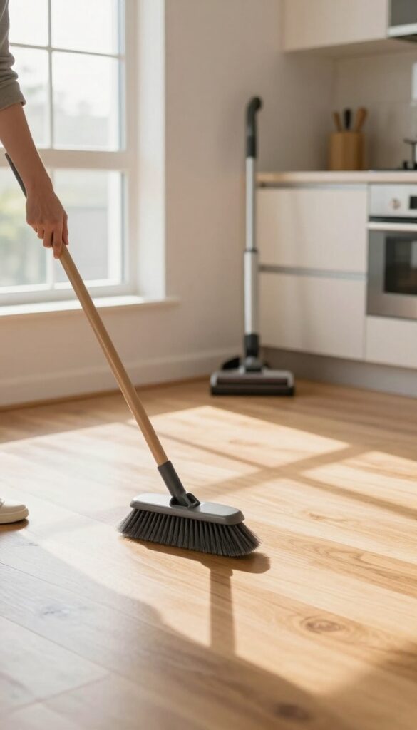 Person sweeping a hardwood floor in a sunlit kitchen with a soft-bristle broom
