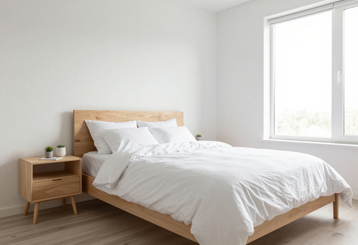 Clean and organized bedroom with made bed and tidy surfaces