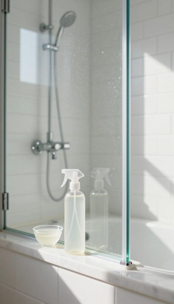 Clean shower glass with vinegar and dish soap solution in bright bathroom