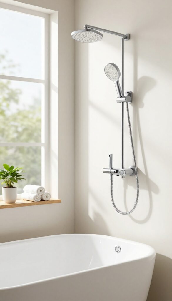 Modern bathroom with a clawfoot tub and a handheld showerhead docked on a wall-mounted station, bright natural light