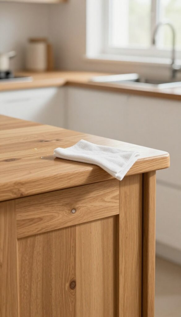 Applying beeswax polish to a wooden kitchen cabinet for a warm, protective shine