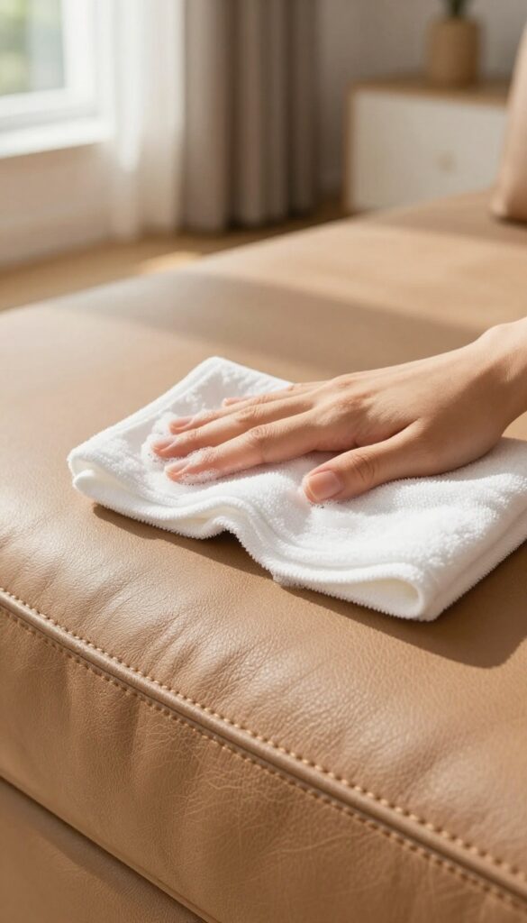 Hand wiping leather couch with saddle soap lather on a damp cloth