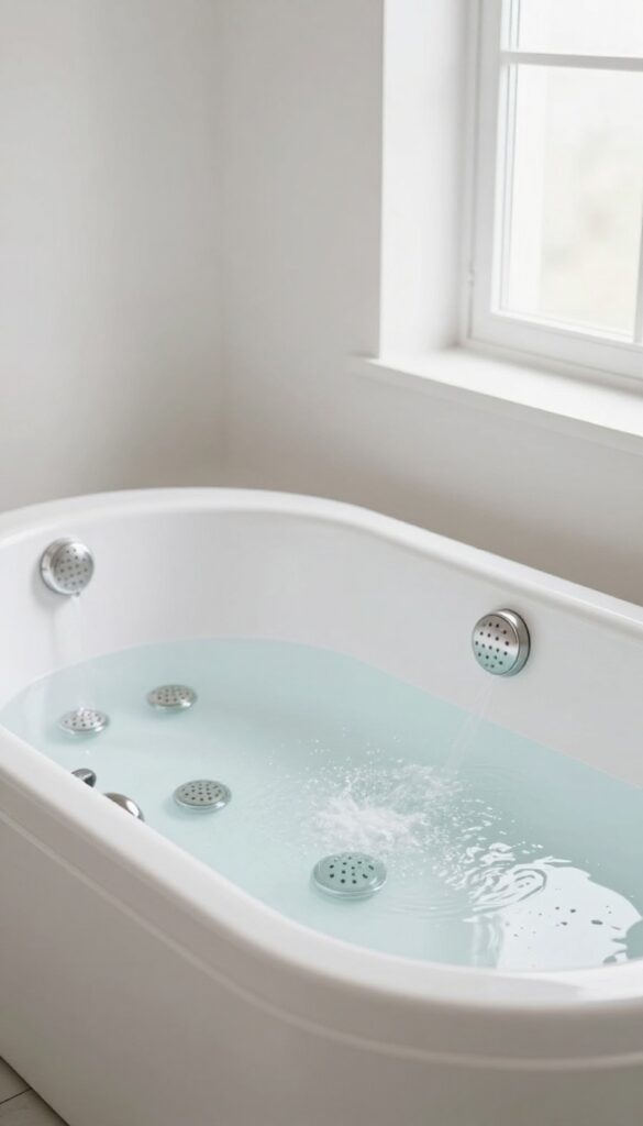 Jacuzzi tub with jets running during cleaning process, bright natural light, clean bathroom setting