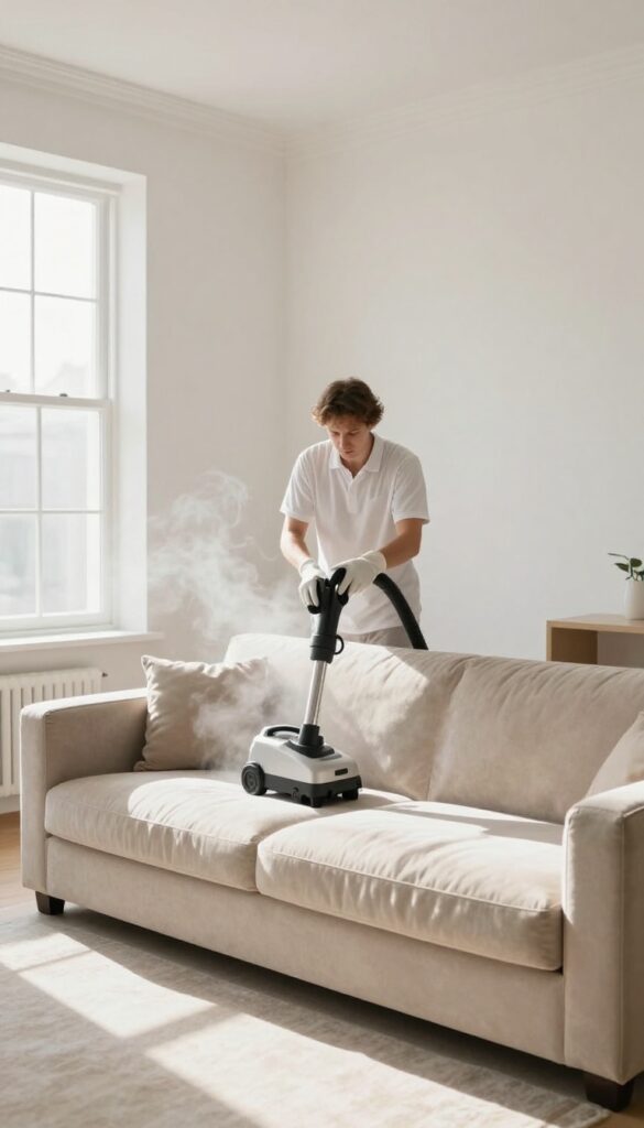 Professional steam cleaning a beige sofa in a bright living room