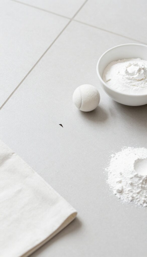 Close-up of a scuff mark on a clean floor with a tennis ball and baking soda paste nearby for removal.