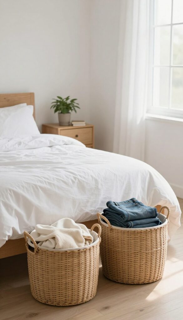 Two laundry baskets in a tidy bedroom, one for dirty clothes and one for worn items, keeping the floor clean and organized.