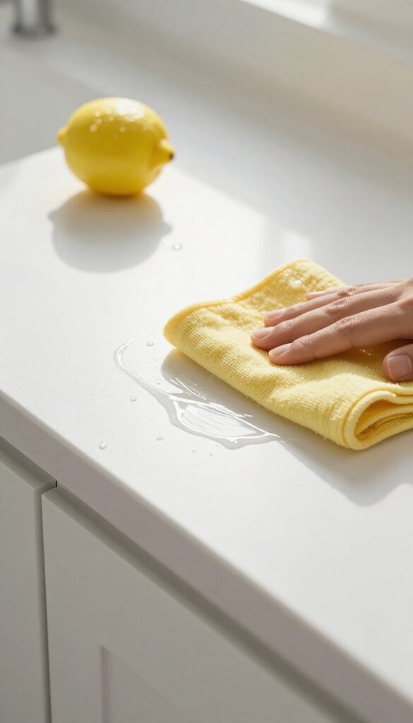 Cleaning kitchen cabinet with lemon juice solution, wiping away grease with a soft cloth, fresh lemon on counter.
