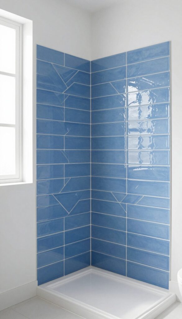 Medium blue chevron patterned shower tiles with glossy finish and white grout, creating a dynamic and calming bathroom design.