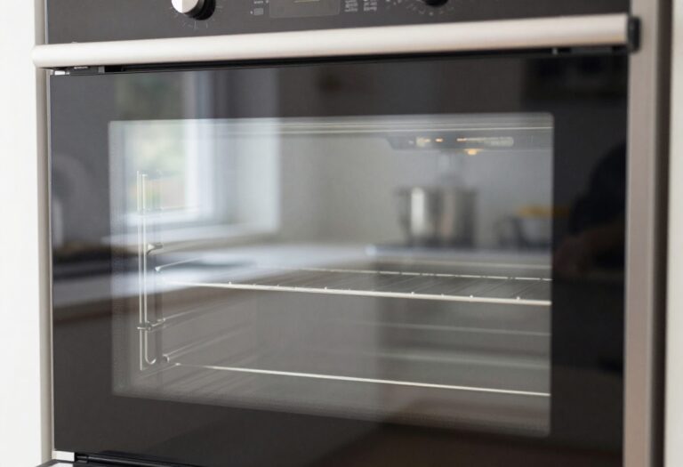 Sparkling clean oven door glass reflecting a bright kitchen