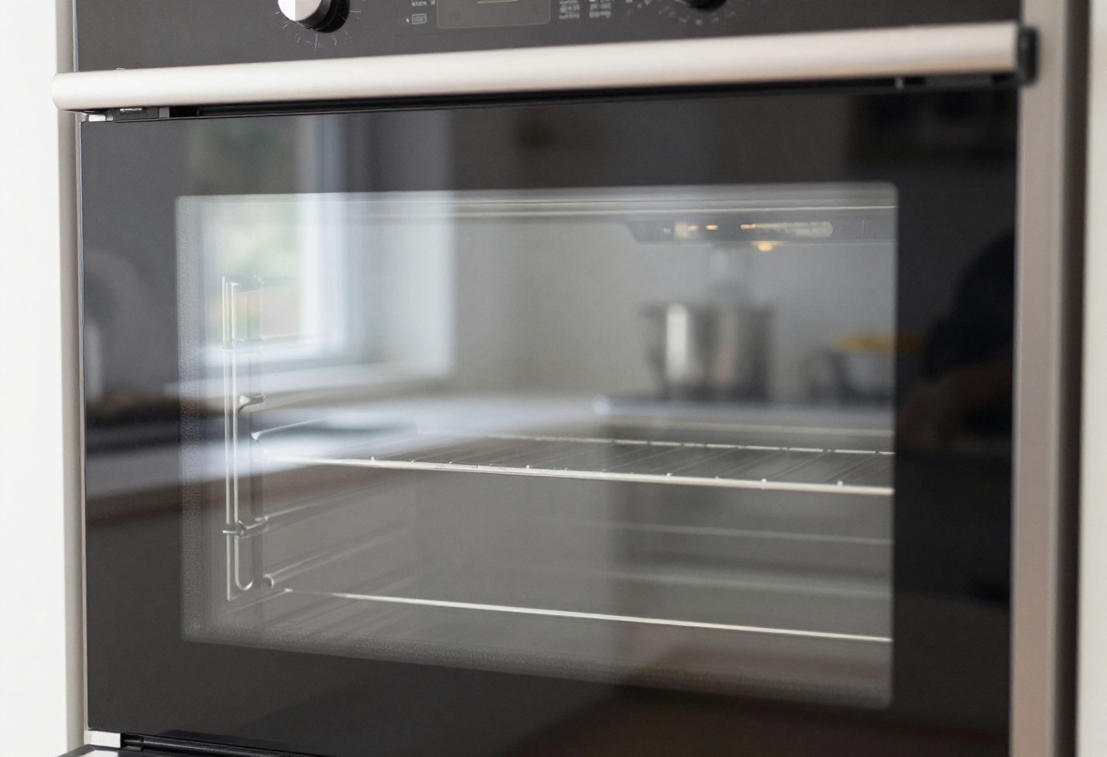 Sparkling clean oven door glass reflecting a bright kitchen