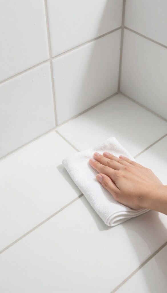 Hand wiping grout with damp microfiber cloth in a clean bathroom shower