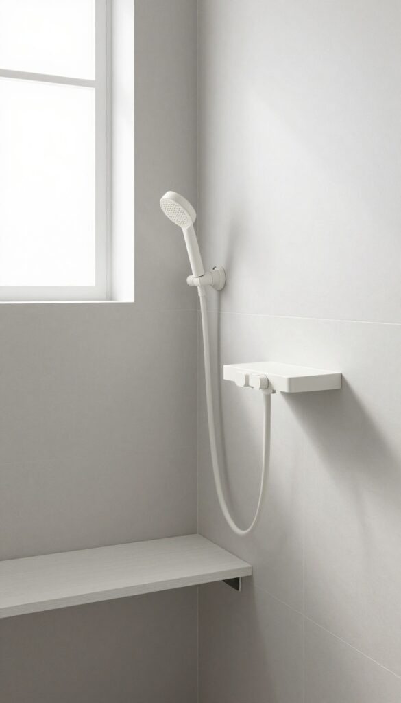 Small shower with a wall-mounted teak bench folded down, handheld showerhead, bright natural light, clean tiles