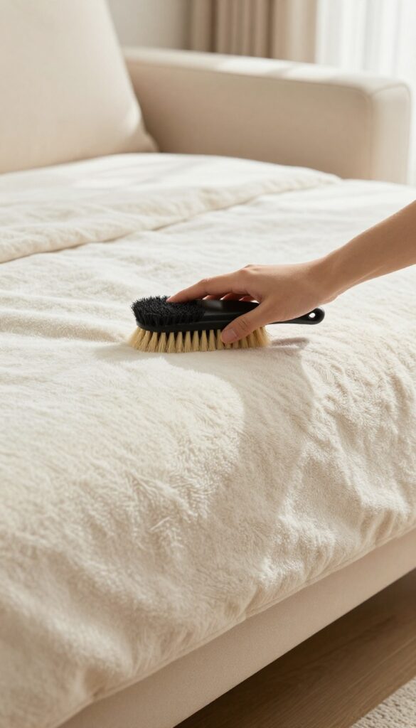 Hand brushing microfiber couch fabric with soft brush to restore plush texture after cleaning