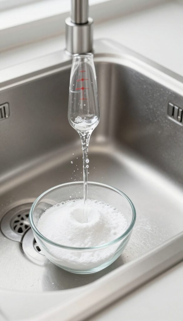 Baking soda and vinegar fizzing in a kitchen sink garbage disposal for odor control