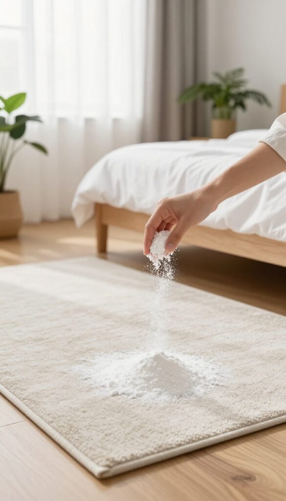 Person sprinkling baking soda on a rug in a bright, clean bedroom