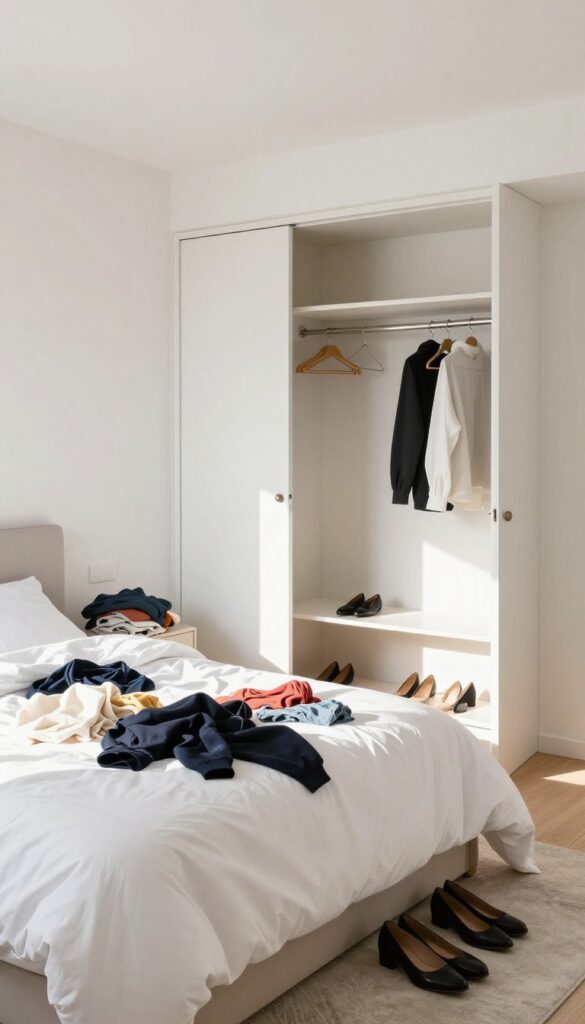A pile of clothes on a bed next to an empty closet