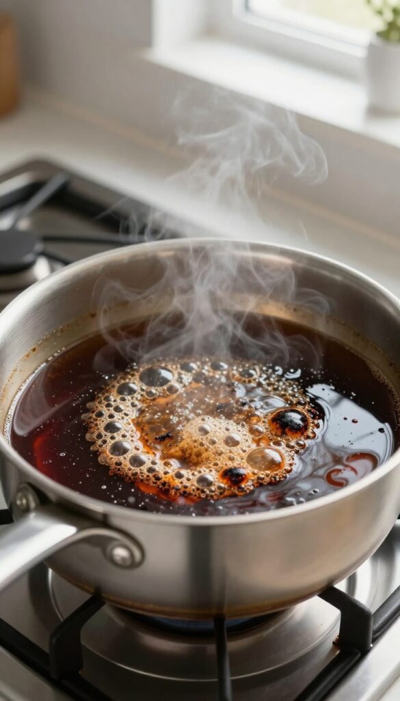 Stainless steel pan with cola boiling to remove burnt marks on a stove