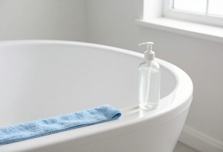 Clean white bathtub with natural cleaner and soft lighting