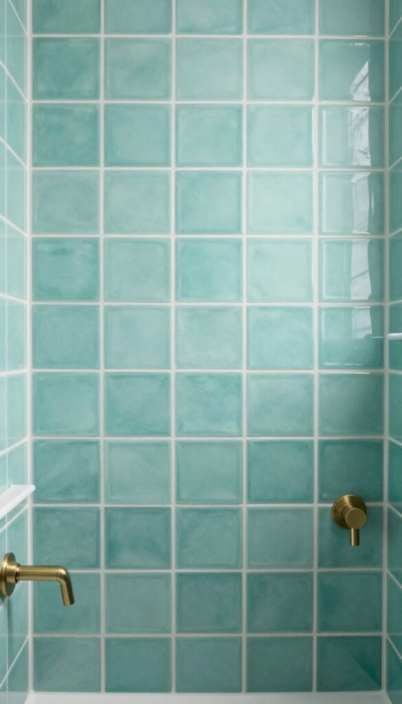 Vertical stacked teal tiles in a shower with white grout and brushed nickel fixtures.