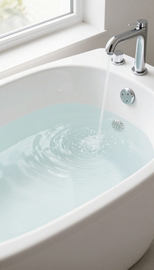 Bathtub filling with hot water, jets submerged, bright natural light, clean bathroom setting.