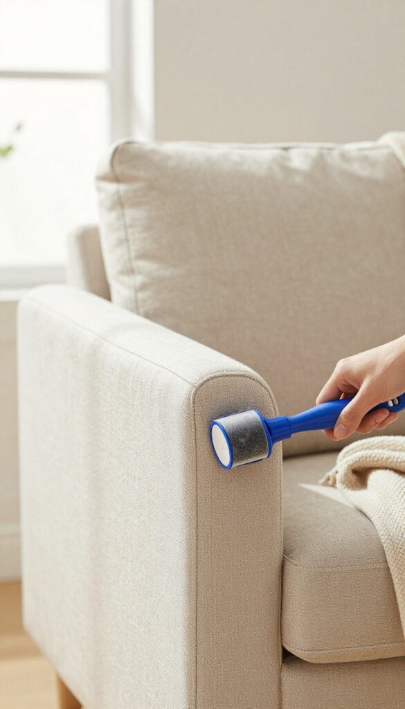 Hand using a lint roller on an upholstered armchair to remove dust and pet hair in a sunlit living room
