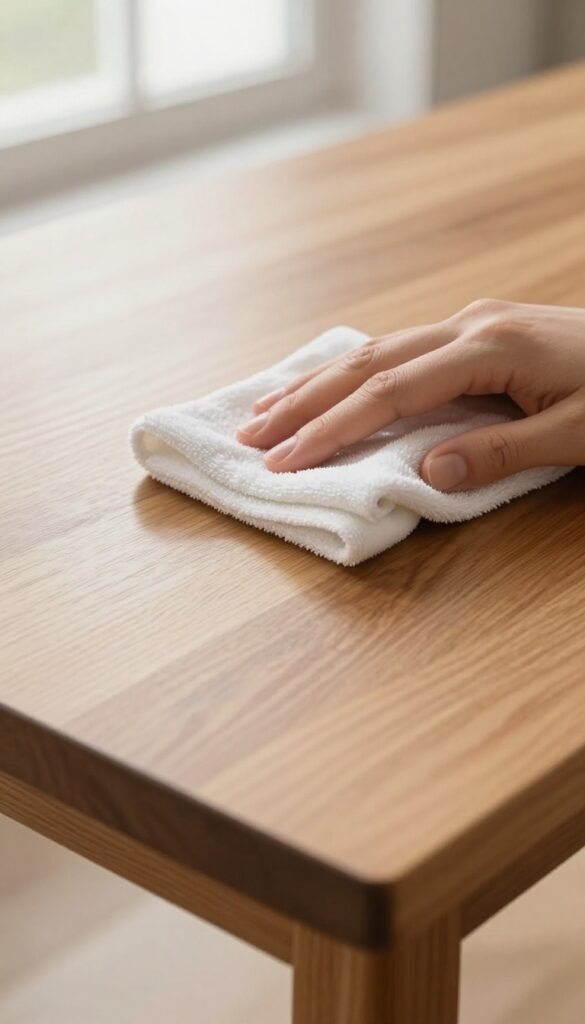 Hand buffing polished wood table with soft dry cloth, warm shine, natural light