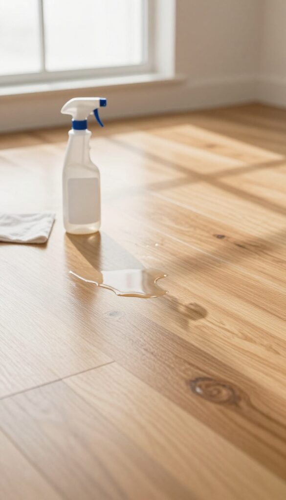 Enzyme cleaner being applied to a sealed hardwood floor to remove pet urine stains and odors