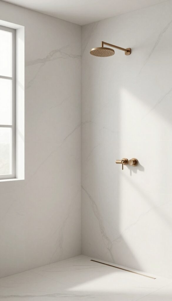 Large-format porcelain slab shower with minimal grout lines, bright natural light, modern bathroom design