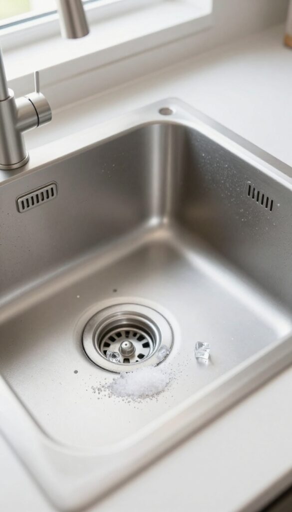 Ice cubes and coarse salt in a kitchen sink for cleaning garbage disposal