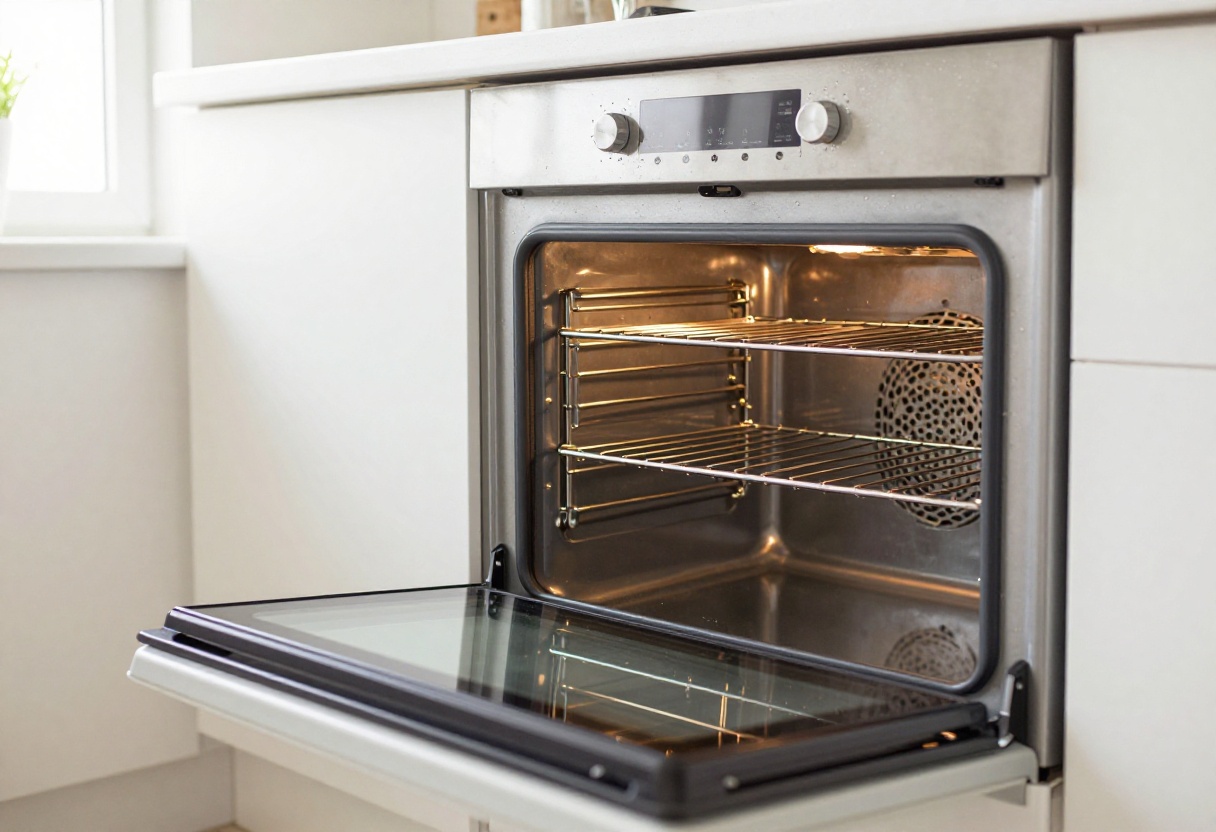 Clean oven interior with glass door open and shiny racks