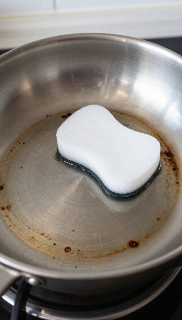Cleaning burnt pan bottom with magic eraser sponge