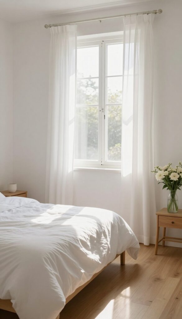 Open window with curtains blowing in breeze in a bright, clean bedroom
