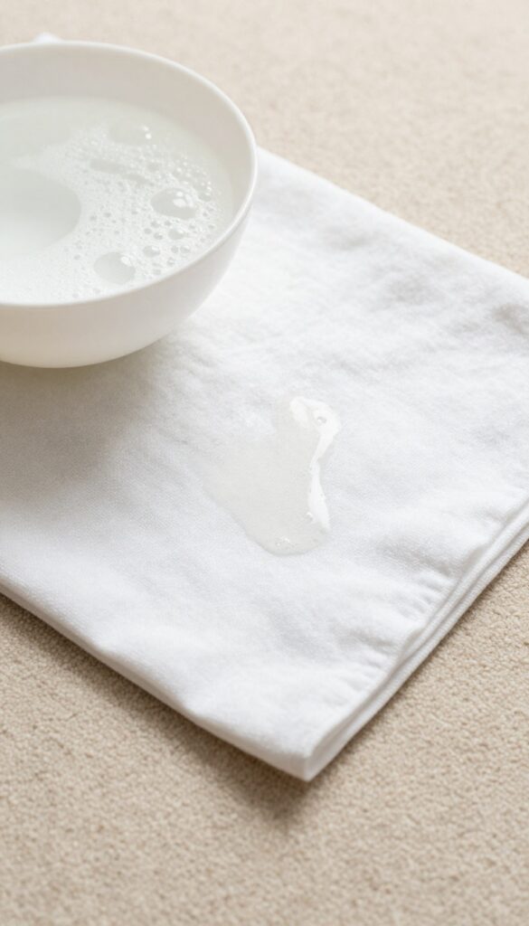 Blotting a soda stain on beige carpet with a white cloth and bowl of soapy water