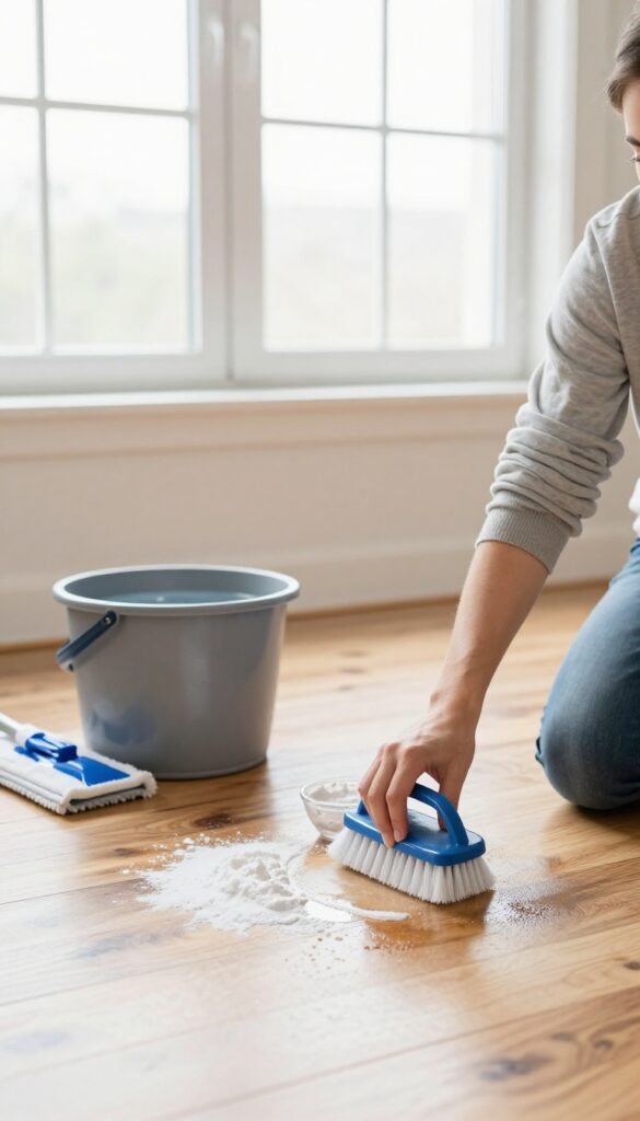 Person deep cleaning hardwood floor with baking soda paste and brush in sunlit room
