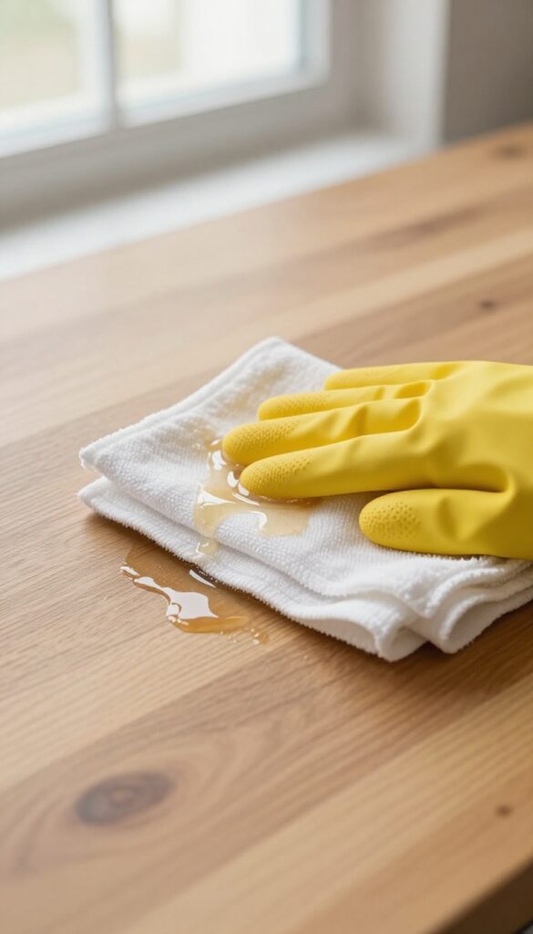 Hand in yellow rubber gloves wiping a greasy wooden table with a cloth dampened with mineral spirits, showcasing the cleaning process.