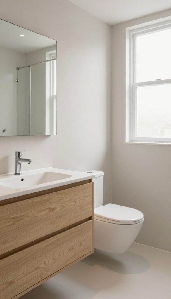 Small bathroom with floating vanity and wall-mounted fixtures, creating an open and airy feel.